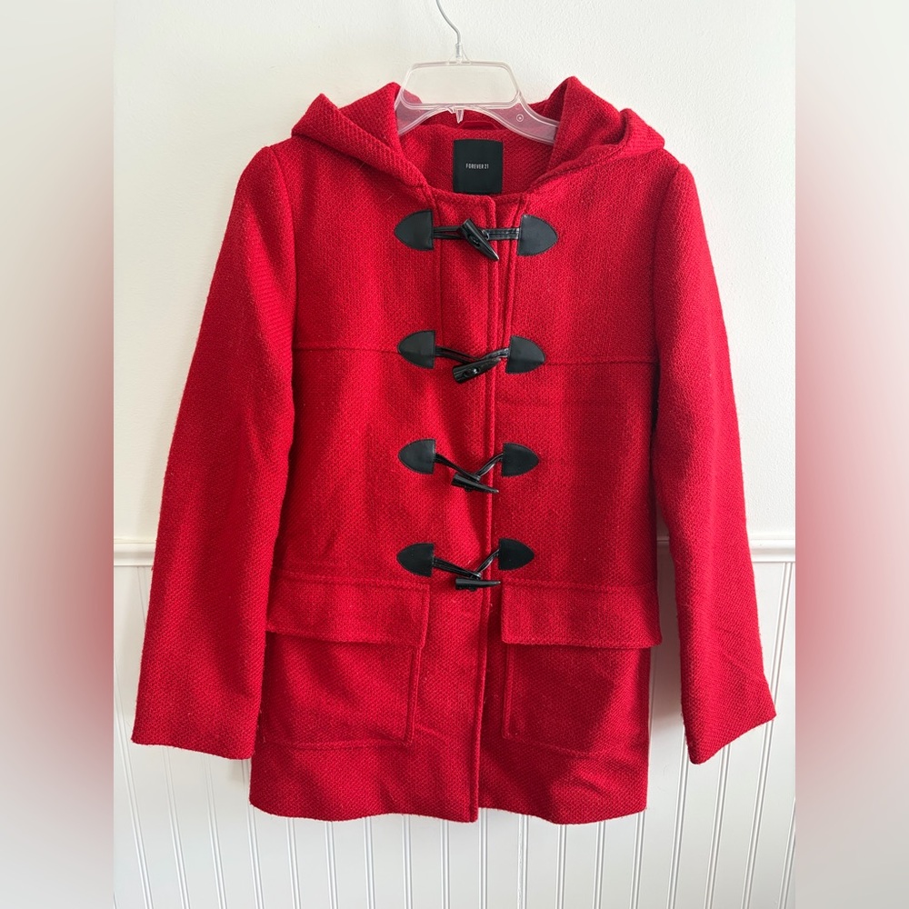 Red Toggle Coat with Hood